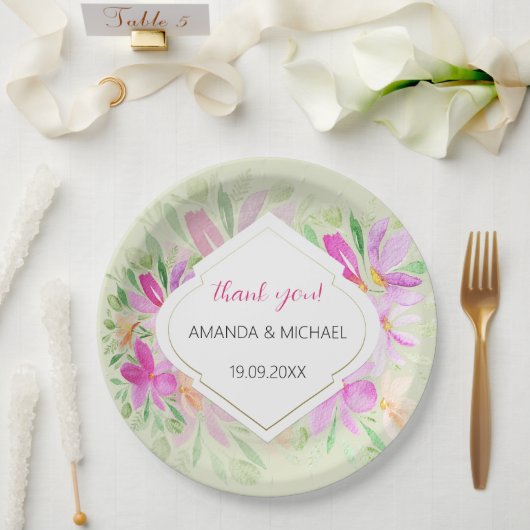 Botanische Waterverf Boho Roze Lila Bloemen Papieren Bordje (Huwelijk)