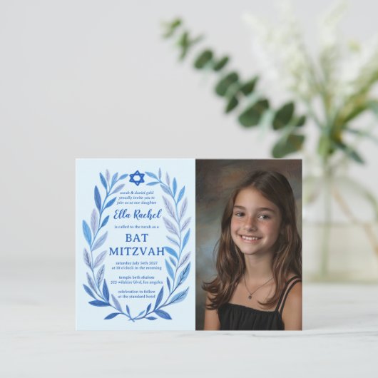 Botanische Waterverf CUSTOM FOTO Bat Bar Mitzvah Briefkaart (Staand voorkant)