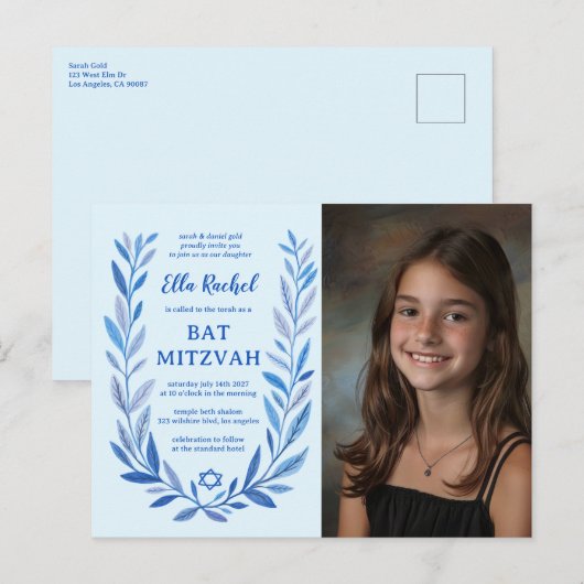 Botanische Waterverf CUSTOM FOTO Bat Bar Mitzvah Briefkaart (Voorkant / Achterkant)