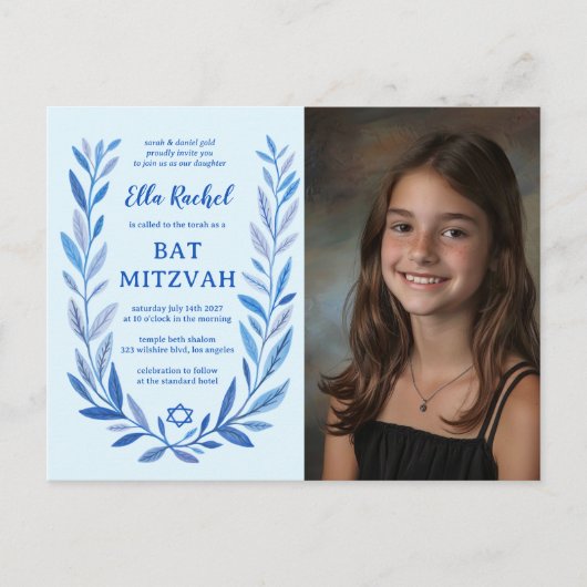 Botanische Waterverf CUSTOM FOTO Bat Bar Mitzvah Briefkaart (Voorkant)