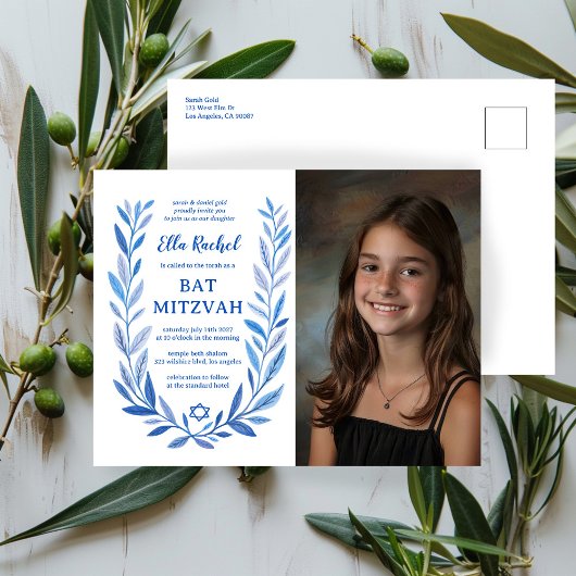 Botanische Waterverf CUSTOM FOTO Bat Bar Mitzvah Briefkaart