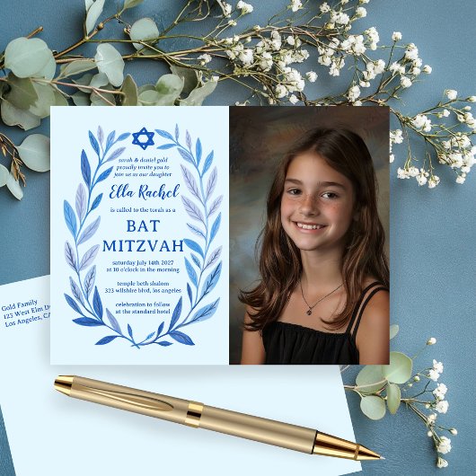 Botanische Waterverf CUSTOM FOTO Bat Bar Mitzvah Briefkaart