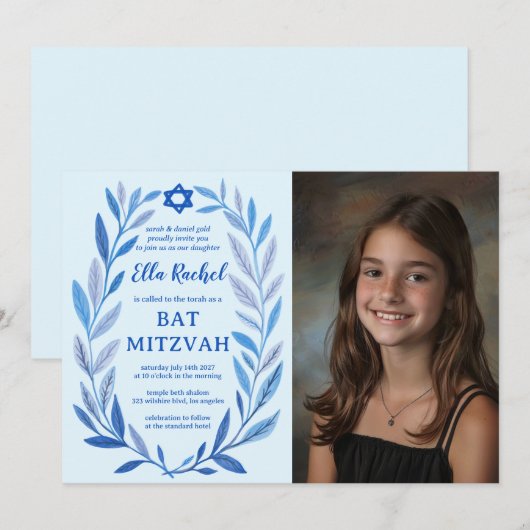 Botanische Waterverf CUSTOM FOTO Bat Bar Mitzvah Kaart (Voorkant / Achterkant)