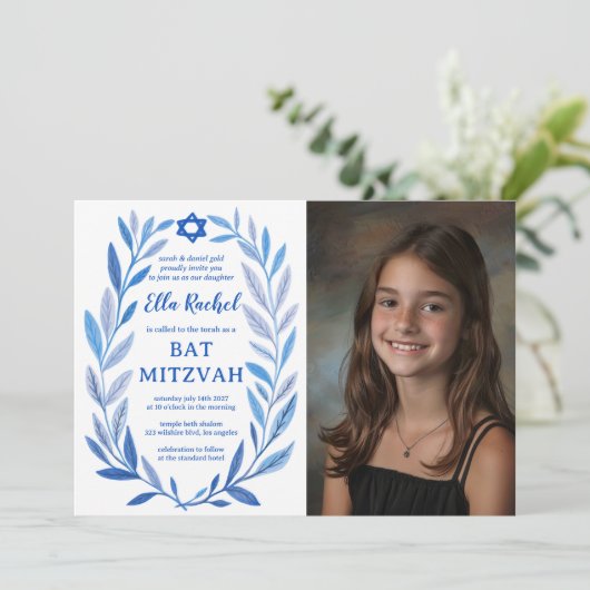 Botanische Waterverf CUSTOM FOTO Bat Bar Mitzvah Kaart (Staand voorkant)