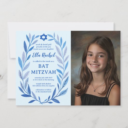 Botanische Waterverf CUSTOM FOTO QR Bat Mitzvah Kaart (Voorkant)