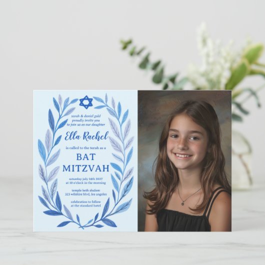 Botanische Waterverf CUSTOM FOTO QR Bat Mitzvah Kaart (Staand voorkant)