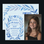 Botanische Waterverf CUSTOM FOTO QR Bat Mitzvah Kaart<br><div class="desc">Perfecte kaart om een bat mitswa, bar mitswa of andere Joodse viering aan te kondigen! Hand getekende delicate blad trame art voor u! VOLLEDIG ! Klik hierboven op "Personaliseren" om de tekst te bewerken, uw foto toe te voegen en uw link toe te voegen aan de QR-code. Klik op "Bewerken...</div>
