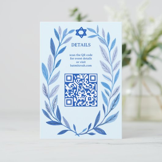 Botanische Waterverf CUSTOM QR Bar Bat Mitzvah Informatiekaartje (Staand voorkant)
