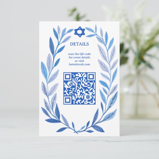 Botanische Waterverf CUSTOM QR Bar Bat Mitzvah Informatiekaartje (Staand voorkant)