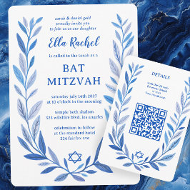 Botanische Waterverf CUSTOM QR Bar Bat Mitzvah Informatiekaartje