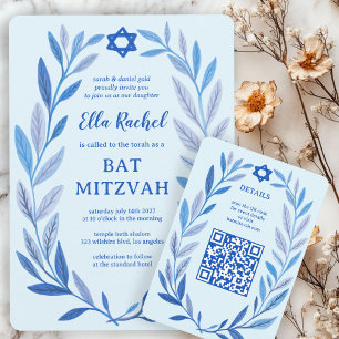 Botanische Waterverf CUSTOM QR Bar Bat Mitzvah Informatiekaartje