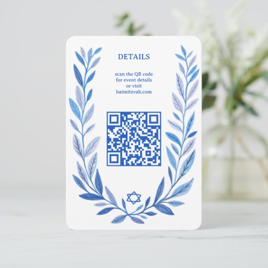 Botanische Waterverf CUSTOM QR Bar Bat Mitzvah Informatiekaartje (Staand voorkant)