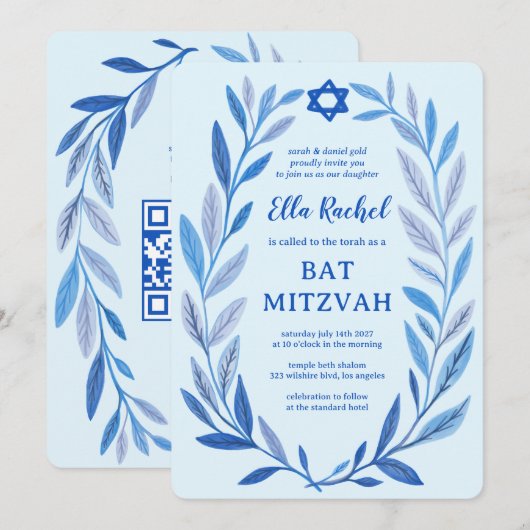 Botanische Waterverf CUSTOM QR Bar Bat Mitzvah Kaart (Voorkant / Achterkant)