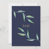Botanische Waterverf Elegant Navy Gold Bruiloft Kaart (Achterkant)