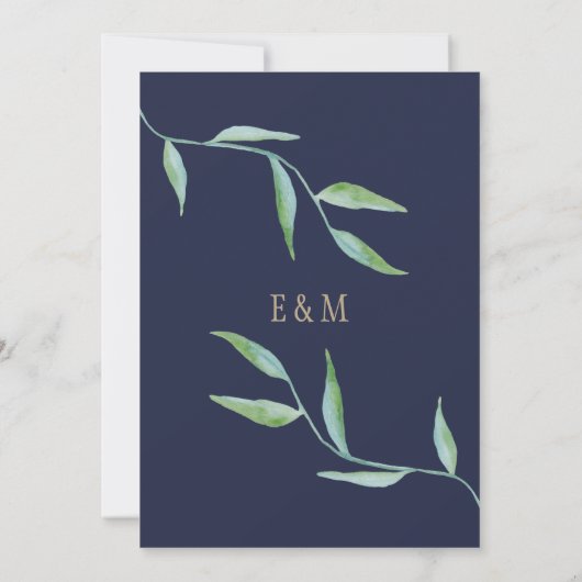 Botanische Waterverf Elegant Navy Gold Bruiloft Kaart (Achterkant)