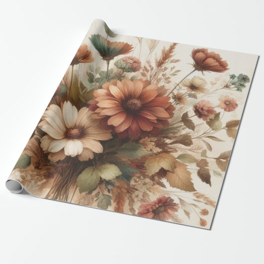 Botanische Waterverf Elegante Herfstbloemen Cadeaupapier (Uitgerold)