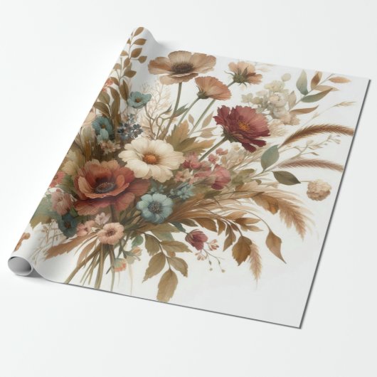 Botanische Waterverf Elegante Herfstbloemen Cadeaupapier (Uitgerold)
