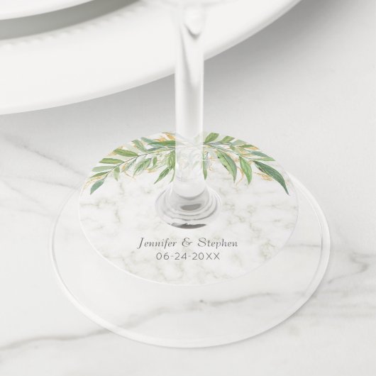 Botanische Waterverf en marmer Wedding Wijnglaslabel (Dichtbij)