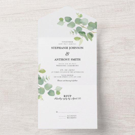 Botanische Waterverf Eucalyptus Leaves Wedding All In One Uitnodiging (Binnen)