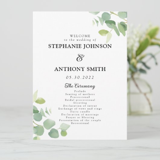 Botanische Waterverf Eucalyptus Leaves Wedding Programmakaart (Staand voorkant)