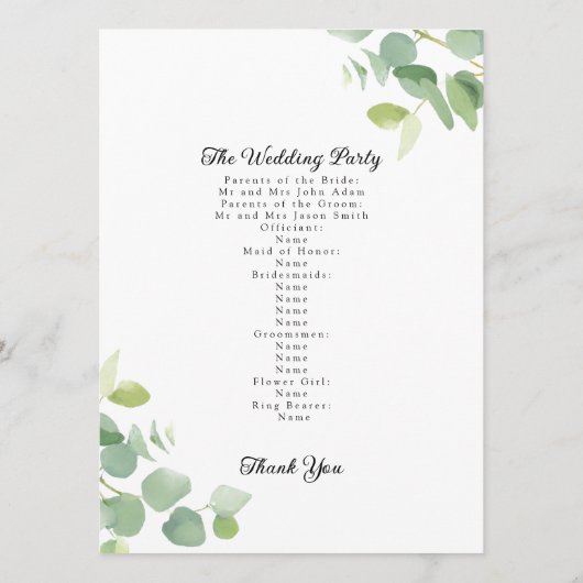 Botanische Waterverf Eucalyptus Leaves Wedding Programmakaart (Achterkant)