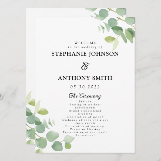 Botanische Waterverf Eucalyptus Leaves Wedding Programmakaart (Voorkant / Achterkant)