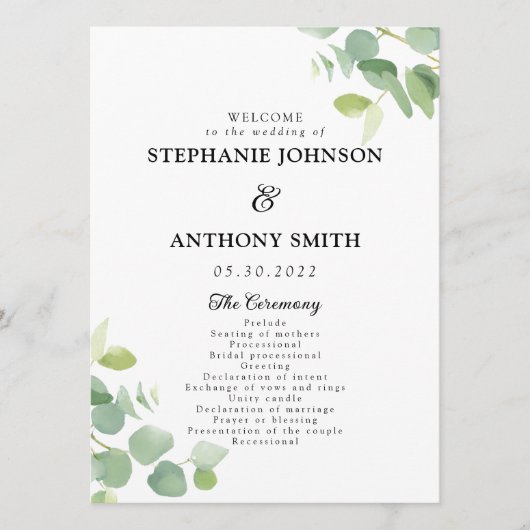 Botanische Waterverf Eucalyptus Leaves Wedding Programmakaart (Voorkant)