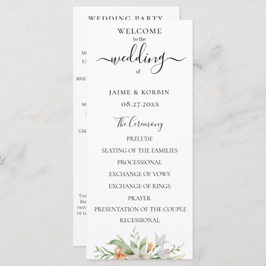 Botanische Waterverf Floral Lily Bruiloft Programmakaart (Voorkant / Achterkant)