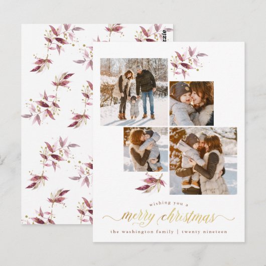 Botanische Waterverf & Goud Vrolijke Kerstfoto Briefkaart (Voorkant / Achterkant)