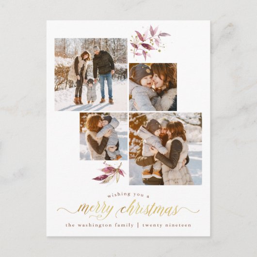 Botanische Waterverf & Goud Vrolijke Kerstfoto Briefkaart (Voorkant)