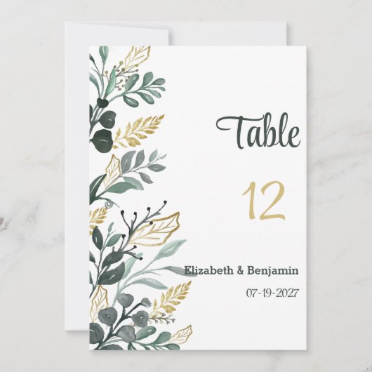 Botanische waterverf gouden groen Tabel Nummers Kaart (Voorkant)