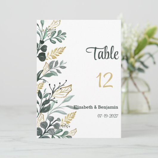 Botanische waterverf gouden groen Tabel Nummers Kaart (Staand voorkant)