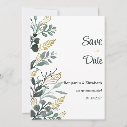 Botanische waterverf goudgroen Save the Date Kaart (Voorkant)