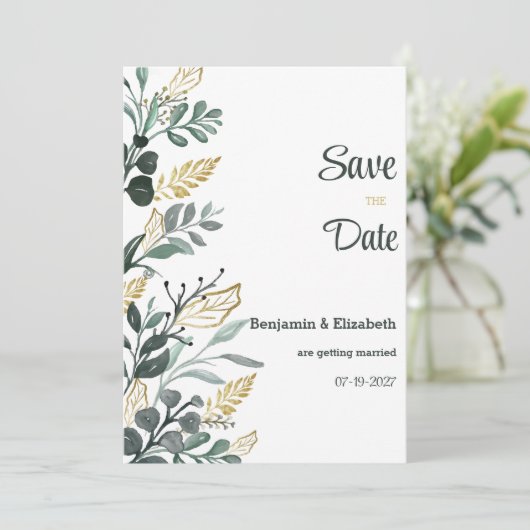 Botanische waterverf goudgroen Save the Date Kaart (Staand voorkant)