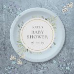 Botanische Waterverf Greenery Blue Baby Boy Shower Papieren Bordje<br><div class="desc">Met delicate waterverf groene bladeren,  kunnen deze borden van deze moderne blauw babyjongensdouche,  besprenkeling of douchepapier voor koppels worden gepersonaliseerd met uw speciale evenementgegevens. Ontworpen door Thisnotme©</div>