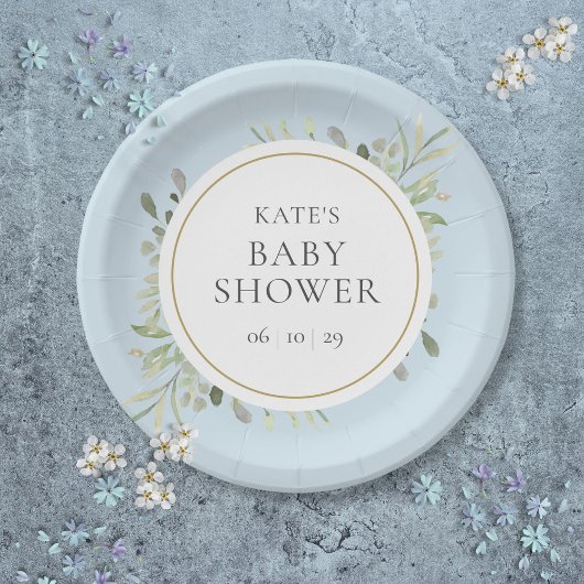 Botanische Waterverf Greenery Blue Baby Boy Shower Papieren Bordje