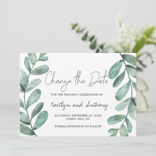 Botanische Waterverf Greenery Eucalyptus Change Save The Date (Staand voorkant)