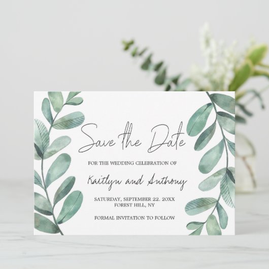 Botanische Waterverf Greenery Eucalyptus Save The Date (Staand voorkant)