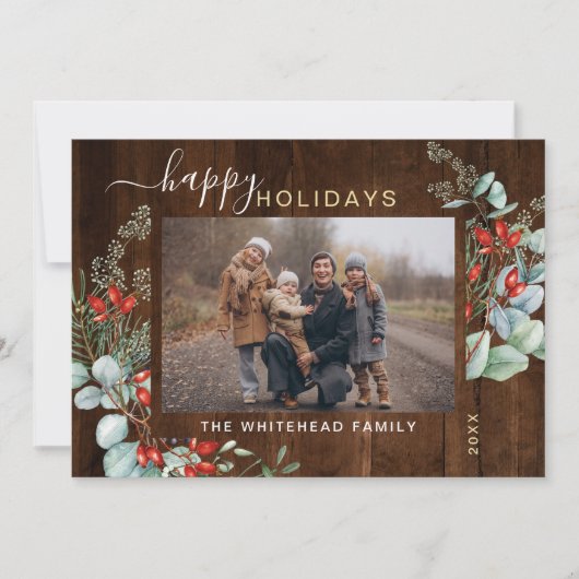 Botanische Waterverf Greenery Foto Dark Wood Feestdagenkaart (Voorkant)