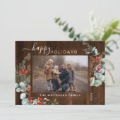 Botanische Waterverf Greenery Foto Dark Wood Feestdagenkaart (Staand voorkant)