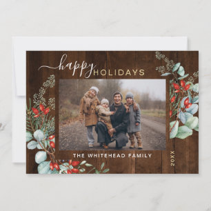 Botanische Waterverf Greenery Foto Dark Wood Feestdagenkaart