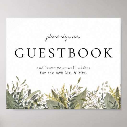 Botanische Waterverf Greenery Guestbook Sign Poster (Voorkant)
