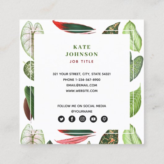 Botanische Waterverf Greenery laat QR-code achter Vierkante Visitekaartje (Achterkant)