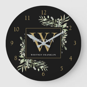 Botanische Waterverf Greenery Monogram Black Gold Grote Klok
