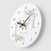 Botanische Waterverf Greenery Monogram Naam Grote Klok (Hoek)