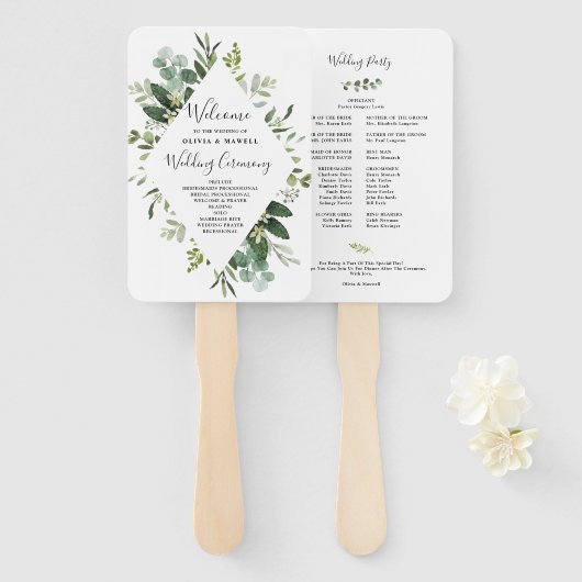 Botanische Waterverf Greenery Wedding Program Fan Handwaaier (Voorkant en achterkant)
