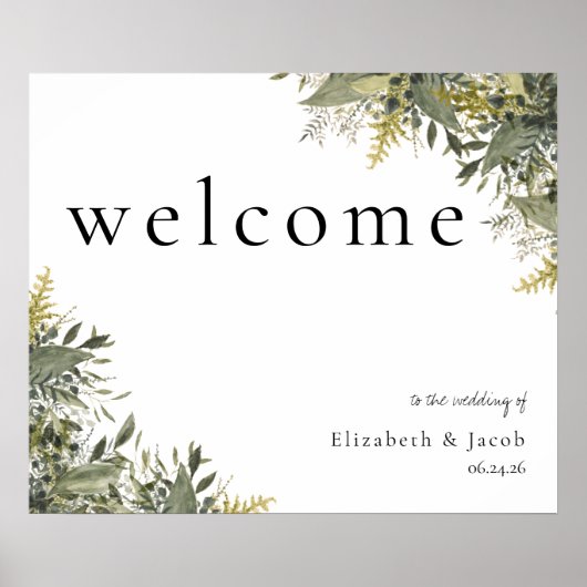 Botanische Waterverf Greenery Wedding Welcome Sign Poster (Voorkant)