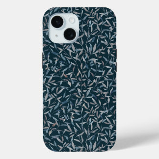 Botanische waterverf grijsblauwe bladeren op donke iPhone 15 case