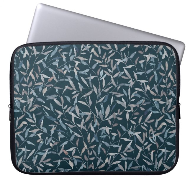 Botanische waterverf grijsblauwe bladeren op donke laptop sleeve (Voorkant)