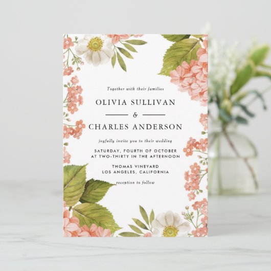 Botanische Waterverf Hydrangea en Anemone Wedding Kaart (Staand voorkant)